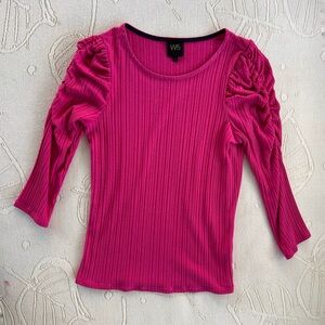 W5 Women's Hot Pink Ribbed Puff-Sleeve Long Sleeve Top